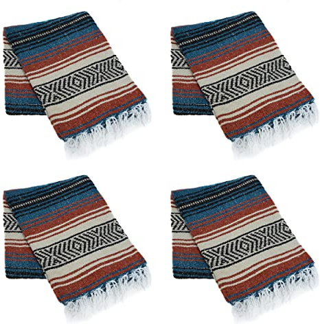 La Montana Mexican Blankets and Throws, 4 Pack, 74x50 - Made in Mexico, Lightweight Yoga Blanket for Schools, Studios, Outdoors, Camping, Picnic, Decor - Machine Washable, Terracotta/Teal/Tan
