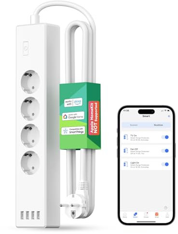 Meross Multiprise Connectée (Type F), 16A Multiprise WiFi avec 4 Prises et 4 Ports USB Compatible avec Alexa et Google Home, Multiprise avec Commande Vocale et Contrôle à Distance