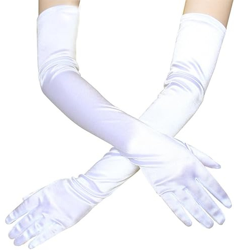 ACHSOO Dam lång kväll fest patent läder sexiga eleganta handskar damer kostym klänning cosplay, White(Satin Fabric), en storlek