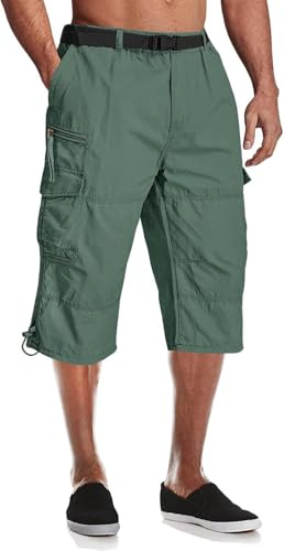 MAGCOMSEN Mens Cargo Shorts 3/4 Knee Length Cotton Pants Pea Green,32