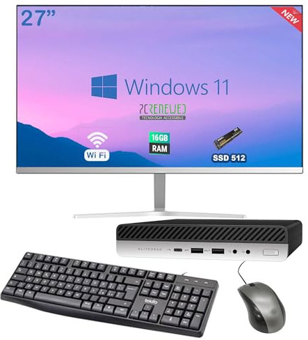 HP Estación completa Mini PC Ordenador de sobremesa fijo Windows 11 Pro + Office 2019, AMD Ryzen 5 Pro 2400GE 3.20 GHz, RAM 16 GB DDR4 SSD 512 GB Wi Fi Monitor 27 NEW (reacondicionado)