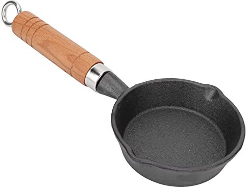 Mini-Bratpfanne aus Gusseisen, 10 cm, antihaftbeschichtet, mit Holzgriff, Mini-Bratpfanne mit flachem Boden, runde Bratpfanne für Küche, Camping, Indoor/Outdoor Kochen