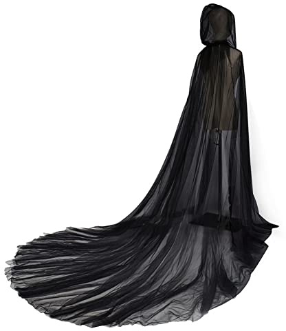 Proumhang Mantello con Cappuccio in Tulle per Donne e Ragazze,Mantello Retrò di Halloween,Abito da Sposa Vampiro,Mantello Gotico Strega Malvagia,Costume Infestato da Fantasmi,Taglia Unica,Nero