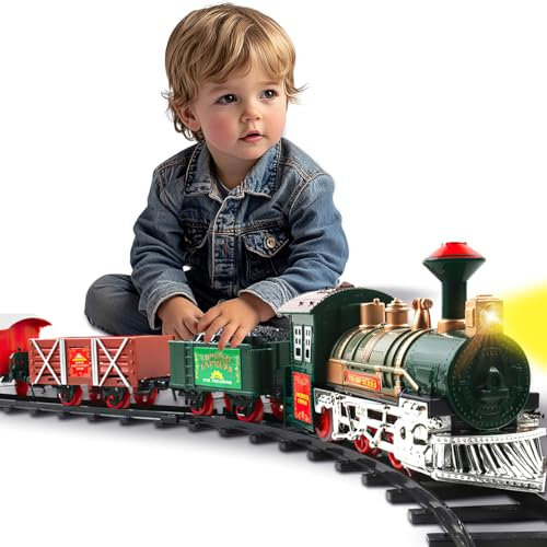 xwin sportseries Railway Train track Set for Kids Railway Tracks Roller Battery Operated Toy Train with Light and Sound Gift for 3 4 5 6 Years Old Toddlers Boys and Girls Under Christmass Tree