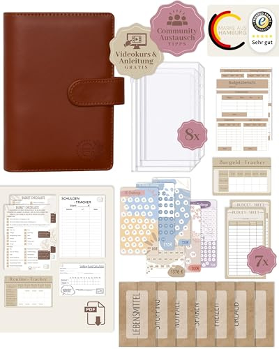BeginnerBudget® Budget Planner Deutsch - Starterset mit Sparchallenge Budgetplaner - Sparen mit Umschlagmethode + Anleitung - Ringbuch - Binder A6 Glattleder-Style (Braun)
