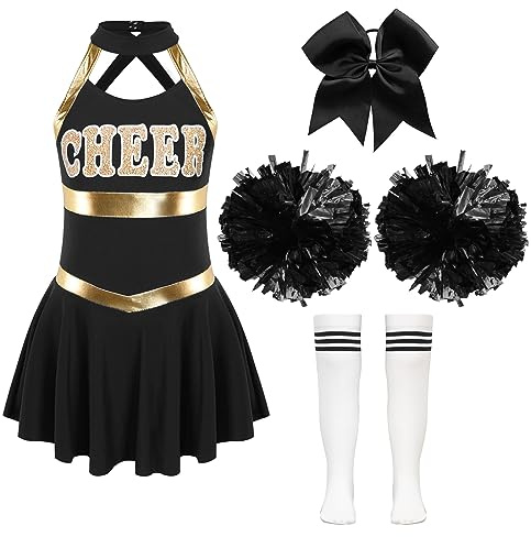 iiniim Mädchen Cheer Leader Kostüm Set Ärmellos Cheer Kleid mit Pompoms Socken Cheerleading Uniform Schule Feiertag Show Tanzkostüm Aa Weiß&Schwarz 158-164