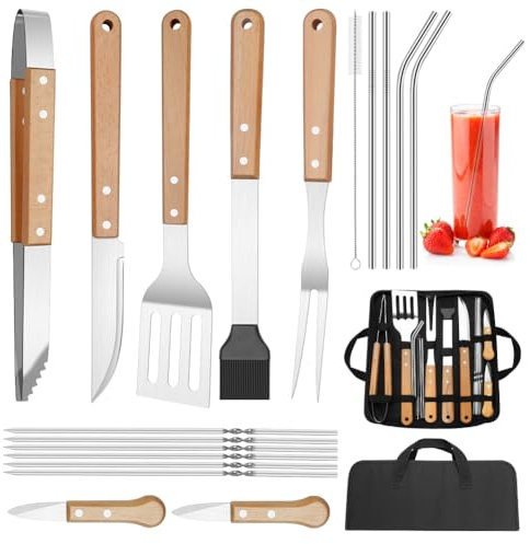 Edelstahl Grillzubehör Set,21STK. Grillzubehör BBQ Grillbesteck Grillwerkzeug Set für Männer Geschenk mit Tragbarer Aufbewahrungstasche für Garten & Camping, Gelb Holzgriff (Set A)