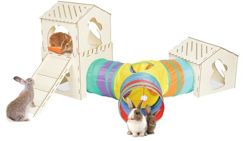 UNMOONY Extra Large Sturdy Rabbit Hideout with 3 Way Tunnels, Wooden Bunny Castle with Stairs, Rabbit Hideout Castle Tower Toys for Indoor Outdoor Play