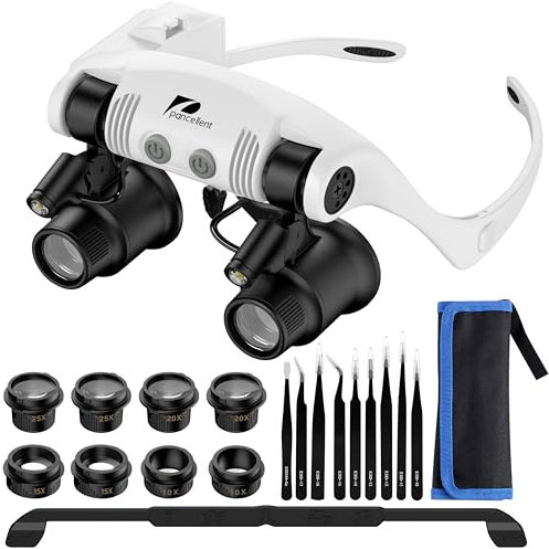 Lupe zur Uhrenreparatur, Lupe zur Kopfmontage, 4 Abnehmbare Linsen, 2 LED-Leuchten, Freihändige Leselupe zum Lesen, Schmucklupe, Elektronische Reparatur (10-Fach, 15-Fach, 20-Fach, 25-Fach)