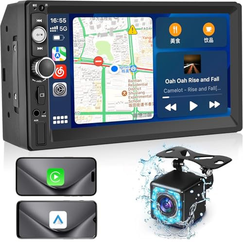 NHOPEEW 2 Din Autoradio mit Drahtlos Carplay & Android Auto - 7 Zoll doppel din Radio Unterstützung Mirror Link FM Lenkradsteuerung - TF/USB/AUX-Eingang Auto Multimedia Player + Rückfahrkamera