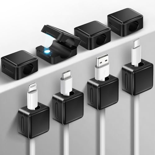 aceyoon 8 Pièces Range Cable Bureau, Cable Management Magnétique Clips Cable Auto-adhésifs Organisateur du Cable pour Table de Nuit, Câbles D'alimentation, Câbles HDMI, USB, Audio (Noir, 7mm)