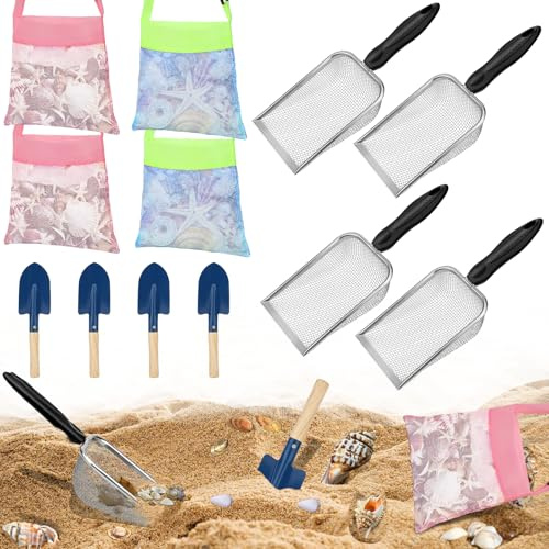 Mototo 12 Pack Beach Sand Toys Set with 4 Mesh Shovel 4 Mesh Seashell Bag 4x Small Shovel Sand Scooper Shark Tooth Sifter Dipper Seashell Collecting Bag Beach Toy Tool Kit For Shell Collecting Outdoor
