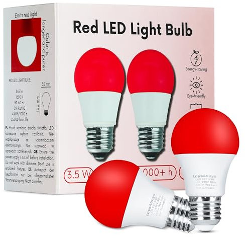 Toys4Boys Roja Bombilla LED E27 Pack de 2 - Crea Calma con Luz Roja Nocturna Melatonina - LED Bombilla E27 Amigable con Los Ojos - Iluminación Cálida Sin Parpadeo 3.5 W