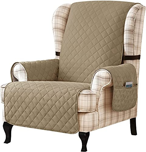 Reversible Armchair Covers, Winged Back Chair Cover with Two Elastic Bands, Washable Sofa Cover for Living Room Armchair Removable Furniture Protective Cover(Sand)