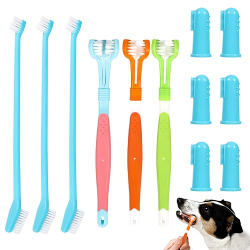 KATIMI 12 Stück Hundezahnbürste Set, 3 Dreifach Köpfe Zahnbürste Hund, 6 Silikon Finger Hunde Zahnbürste, 3 Doppelköpfige Hundezahnbürste für Kleine Hunde Mittelgroße Große Haustiere Zahnpflege Hund