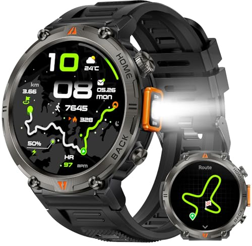 GPS Smartwatch Militare Uomo Impermeabile 3ATM con Torcia LED Bussola, 1,45 HD Rugged Smartwatch Orologio con Chiamate Bluetooth, Fitness Watch con Cardiaca SpO2 Notifiche WhatsApp per Android iOS