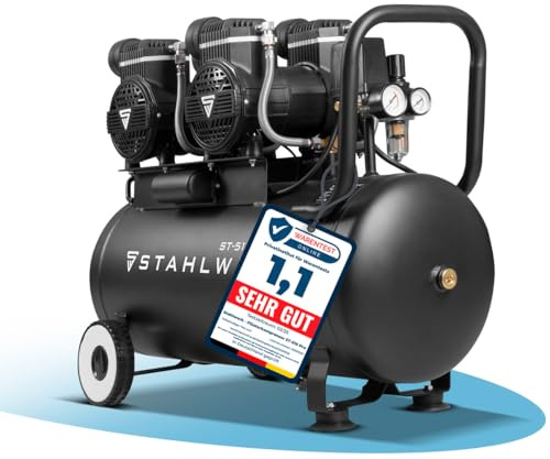 STAHLWERK Compressore da 50 l, senza olio e silenzioso, 10 bar, compressore ad aria compressa con motori brushless, 4,3 CV, 3,2 kW, 420 l/min, compressore silenzioso, compressore a pistone