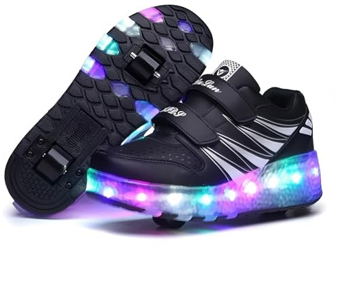 Lengender Barn skor med upplysta LED-hjul sneakers med USB uppladdningsbara dubbla hjul utomhus skateboard, svart, 34 EU