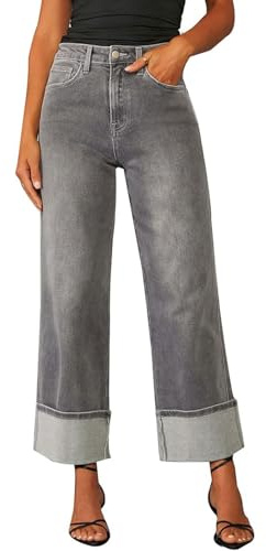 Generico Jeans Gamba Larga Donna Risvoltato: Vita Alta con Orlo Pantaloni Elasticizzati in Denim Lavoro Casual Y2k Baggy Boyfriend Tasche(Gray,L)