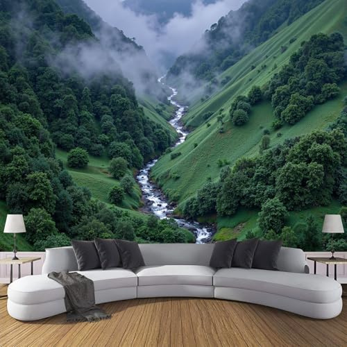 ZISTRCBAO Carta Da Parati Panoramica Valle Nebbiosa, Scenario Naturale Carta Da Parati in Seta per Camera Da Letto Soggiorno Camera Dei Bambini Decorazione Da Parete 350x256cm, Verde