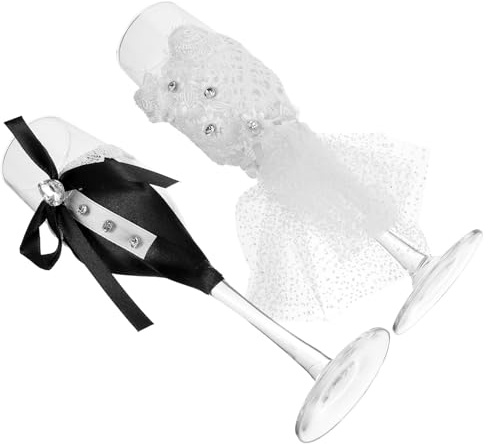 BEBEMOKO Set 2 Bicchieri Flute da Spumante in Vetro Trasparente per Matrimonio Sposa e Sposo, Calici da Cocktail Eleganti per Brindisi Anniversario e Feste Speciali