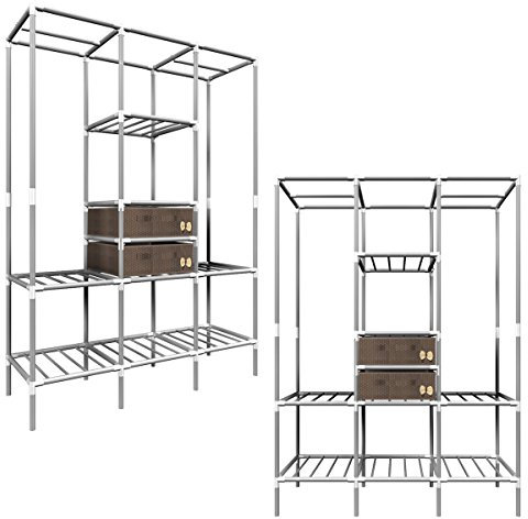 EYEPOWER Offener XL Kleiderschrank Metall Regal 2 Schubladen 178x128x44,5cm Kleiderstangen Faltschrank Flur Garderobe