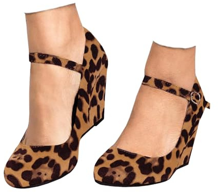 Coutgo Womens Wedge Pumps Dressy Mary Jane Shoes Comfort Wedges Closed Toe Ankle Strap Heeled Shoes Leopard