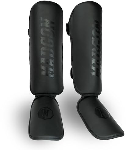 MADGON Espinilleras Kick Boxing Ajuste y Acolchado Ideal – Protección de Espinillas Baja Transpiración – Espinilleras Muay Thai – Protectores de Piernas para Artes Marciales – Incluye Funda