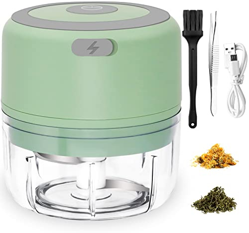 Electric Herb Grinder for Spice- Efficiency 3.4oz Large Grinder for Grinding Fresh and Dry Herb, Portable USB Charge with Clear Chamber, Clean Brush and Tweezers As a Gift (Pale-green)