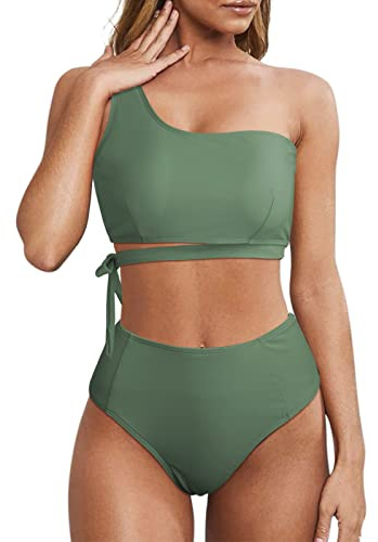 Wantonfy Bikiniset för kvinnor, hög midja, baddräkt, tvådelad baddräkt, en axel, badmode, baddräkt