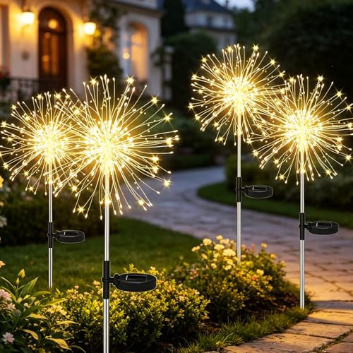 Joysing Luces Solares LED Exterior Jardin 4 Piezas 120 LED Luz Solar de Fuegos Artificiales, Impermeable Luces Solares Exterior 8 Modos Lámparas Solare para Patio Camino Balcón Decoración