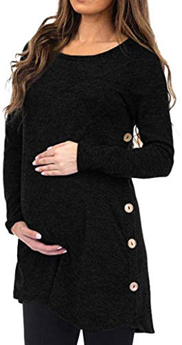 Robe de Grossesse Pour Séance Photo - T-shirt d'Allaitement - Mode de Grossesse - Manches Longues - Uni - Chemisier - Bouton - Automne - Hiver - Pull Pour Femme - 44, Noir, XL
