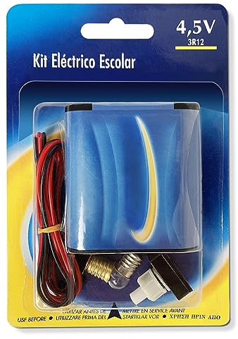 TIENDA EURASIA - Kit Eléctrico Escolar: Contiene 1 Pila Petaca 4,5V, 1 Interruptor 220V, 1m de Cable, 1 Bombilla 4.8V y Portalámparas. para Manualidades, Hacer Circuitos y Aprendizaje