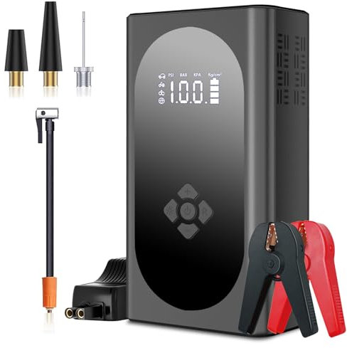 Starthilfe Powerbank mit Kompressor 150PSI 4000A, 12V Auto Batterie Booster mit LCD Bildschirm, QC3.0 Schnelles Aufladen, Tragbare Starter Powerbank mit LED Taschenlampe (10L Benzin/8L Diesel)