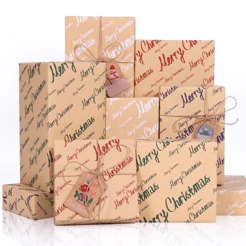 Toptime Papier Cadeau Noel, 8 Feuilles Emballage Cadeaux Noel avec Étiquettes, Ficelle, Papier Cadeau Noël Kraft Vintage avec Merry Christmas, Papier Cadeaux de Noël pour la Nouvelle Année, 70x50cm