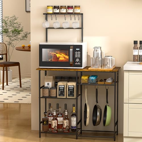 3IngSeagulls Baker's Rack for Kitchen with Storage, Microwave Stand with Adjustable Shelves and 10 S Hooks, 6-Tier Coffee Bar Station, Kitchen Shelves for Spices, Pots, Rustic Brown