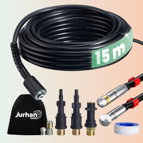 JURHAN Rohrreinigungsset (15 m) – Reinigungsset mit 3 Adaptern, Hochwertiger Rohrreinigungsschlauch für Hohe Wasserdruck, Kompatibel mit Standard-Hochdruckreinigern – Effizient Abflussreiniger