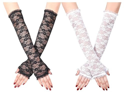 Satzmit2Paaren Lange Fingerlose Damen Handschuhe,Hochzeit Spitzenhandschuhe,Blumen Brauthandschuhe,Mode Vintage Spitze Handschuhe,für Halloween,Motto-Party,Oper,Hochzeit