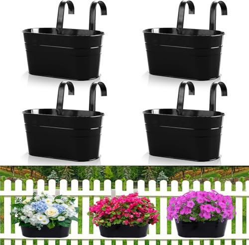 APACALI 4PCS Metal Hanging Plant Pot, 27cm Over Fence Planters, Balcony Planters for Railing with Detachable Hooks, Hanging Flower Pots for Home Decor, Black, Double Drainage Holes