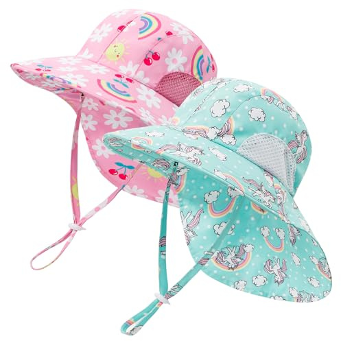 MASOCIO Baby Sun Hat Toddler Kids Girls Summer Bucket Hats 2 Pcs Child Children Sunhat Babies 1 2 Years 9 12 18 Neck Cover Protection Wide Brim Age 6-24 Months Multicolor 2