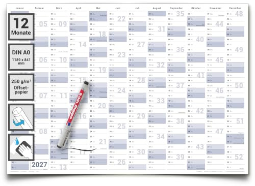 Gigatime XXL Jahresplaner 2027 abwischbar, Wandkalender DIN A0 118,8 x 84 cm, gerollter Jahreskalender Deutsch, großer Wandplaner fürs Büro und Zuhause, inkl. 1 Marker