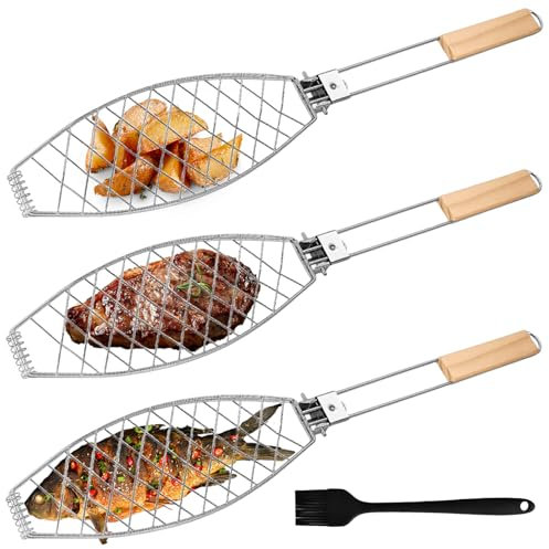 3 Stück Fisch Grillhalter mit Holzgriff, 63x12cm Große Fischbräter Fischgriller mit Griff aus Metall, Grillfisch Rack Fischgrillzange Fischkorb für Grill und BBQ