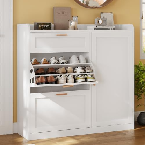 KIMENICH Schuhschrank mit 2 Klappen, Schuhkipper Schmal, Schuhschrank mit 1 Schublade, Schrank, Trennwand Verstellbar, für 12-15 Paar Schuhe, Flur, Eingansbereich, 30 x 100 x 104 cm, Weiß
