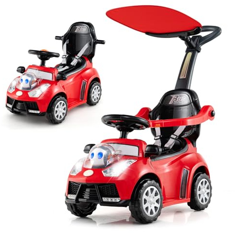 COSTWAY Coche Correpasillo 3 en 1 para Niños, Coche Empujable con Manillar, Bocina, Música, Luz y Cinturón de Seguridad, Juguete de Montar con Almacenaje y Manillar Parental (Rojo)