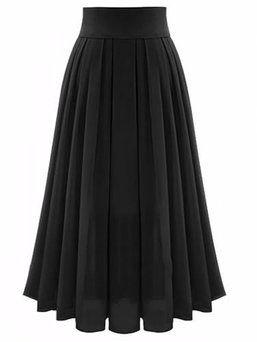 ThreeH Donne Vita Alta Pieghettato Chiffon Gonna Midi Altalena A-Line gonne con Cintura di Larghezza e Lo Stesso Colore Fodera, Nero