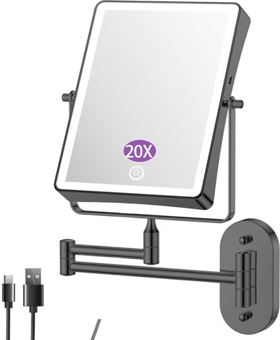 FASCINATE Wiederaufladbarer Kosmetikspiegel mit 1X/20X Vergrößerung, 3 dimmbare Lichtfarben, Touchscreen, 360° dreh schwenkbar für Wandmontage Rasierspiegel, Schminkspiegel für Badezimmer (schwarz)