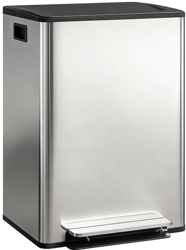 HOMCOM - Cubo de basura con doble compartimento de 2 x 30 L, cubo de cocina con pedal de acero inoxidable, cubo interior, tapa de cierre suave y sujeción abierta, asas, plata