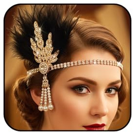 FrostyFlair 1920-talets hårband för kvinnor, flapper-stil fjäderband och 20-talstillbehör, bladpannband, strass och pärlor för kvinnor svart guld