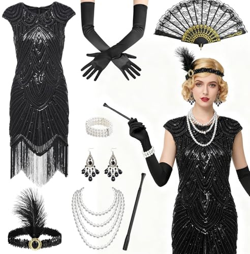 Costume da donna anni '20, stile Charleston anni '20, abito da donna Gatsby, accessori anni '20, abito con frange, costume anni '20, da donna con accessori, accessori per costume di carnevale