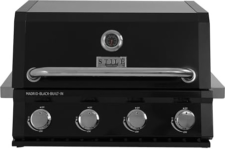 Stilé Collection Barbecue da Incasso o Appoggio a Gas GPL 4 Fuochi 14 kW Grill in Acciaio Inox con Coperchio Griglie in Ghisa BBQ Built-in Professionale per Cucina Outdoor (Nero)
